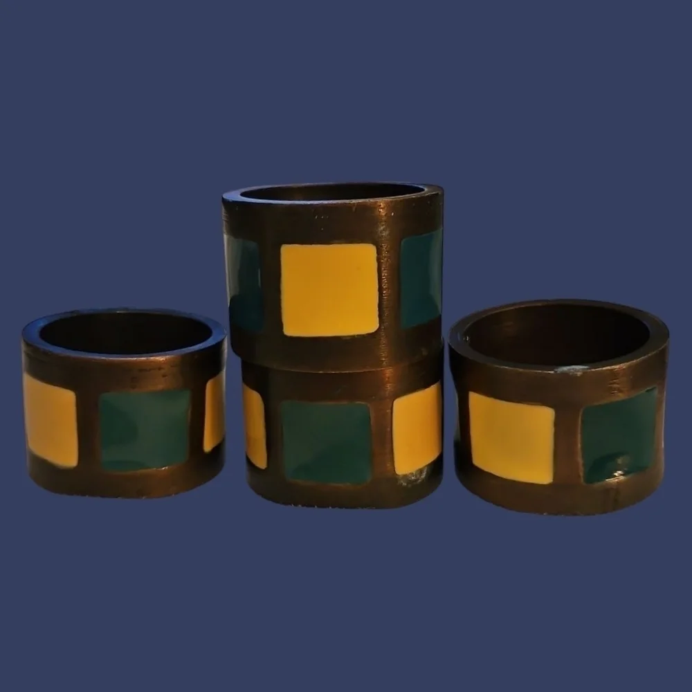 Vintage PIER 1 1980s Set of Four Bronze Enamel Modernist Napkin Rings Set